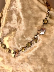 Mother of Pearl Flower, Rhinestone Choker Necklace, Silver-Tone Floral Statement