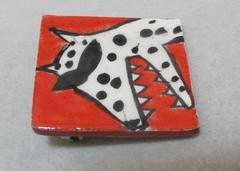 Rare POLLY COOK Red Ceramic 1.5” Brooch DOG IN SUNGLASSES AS-IS