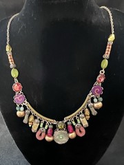 Ayala Bar Handcrafted Bead Charm Textile Fabric Silver Tone Necklace 15”+ Extend