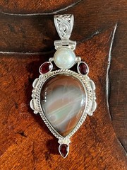 Brown Purple Agate Pendant with Biwa Pearl and Garnets in Silver