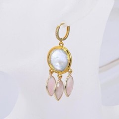 Rose Quartz Earrings, Cultured Keshi Pearl, Pink Quartz 24K Gold Vermeil Earring