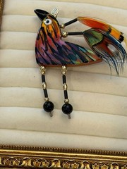 SEAN BROWN Retired Ceramic Signed Colorful Bird Brooch Pin Feathers Wearable Art