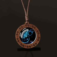 Aquarius Zodiac Glass & Wood Round Pendant Necklace Jewelry