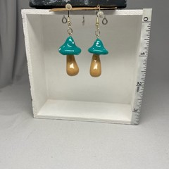 Handmade by STAYOKBRAND teal and beige Mushroom Earrings
