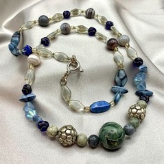 Artisan Stone Glass Beaded Necklace Green Focal Kambaba Jasper & Blue Art Glass