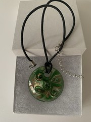 Pendant Green Glass Gold Foil & Necklace Lacing 15-18 In Adjustable Length