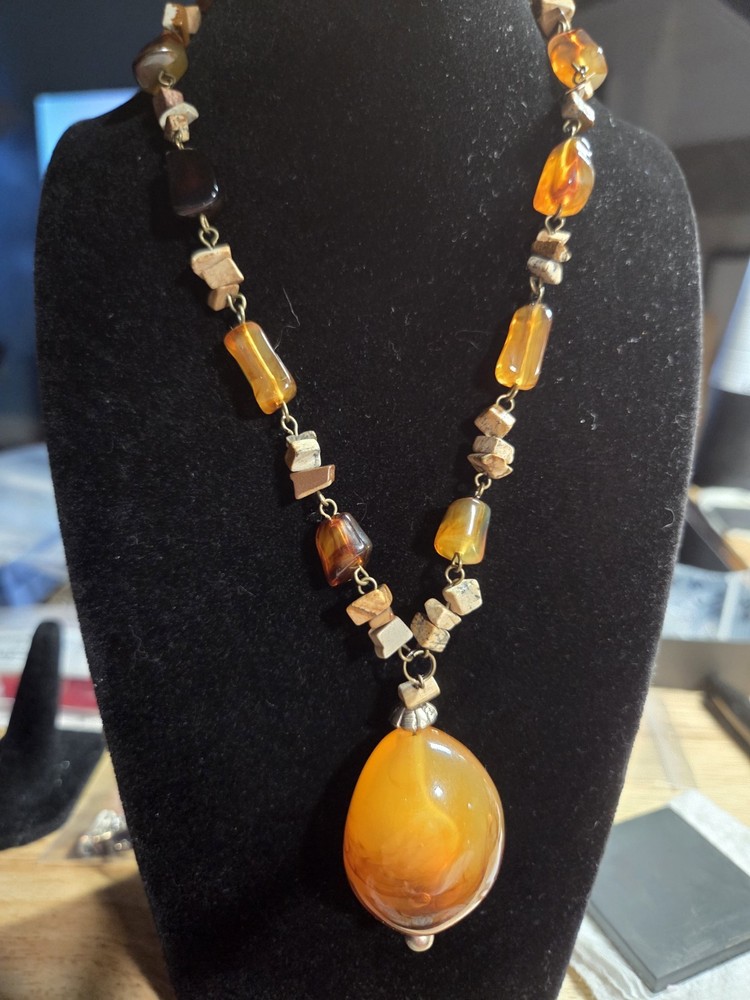 Genuine Amber Jasper Artisan Necklace 14-16″ Boho Statement Pendant