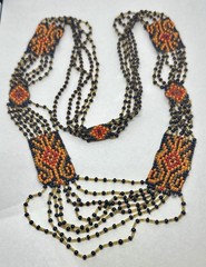 Artisan Tribal Style Orange Black Gold Woven Bead Drape Necklace 30 in