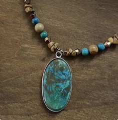 Azurite Pendant Necklace w/Caramel Jasper & Blue Green Agate Handcrafted 21.5″