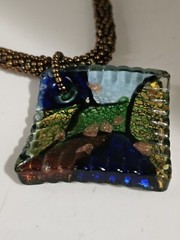 Art Glass Necklace Pendant Handmade Bead Cord 18″ MultiColor Green Artisan