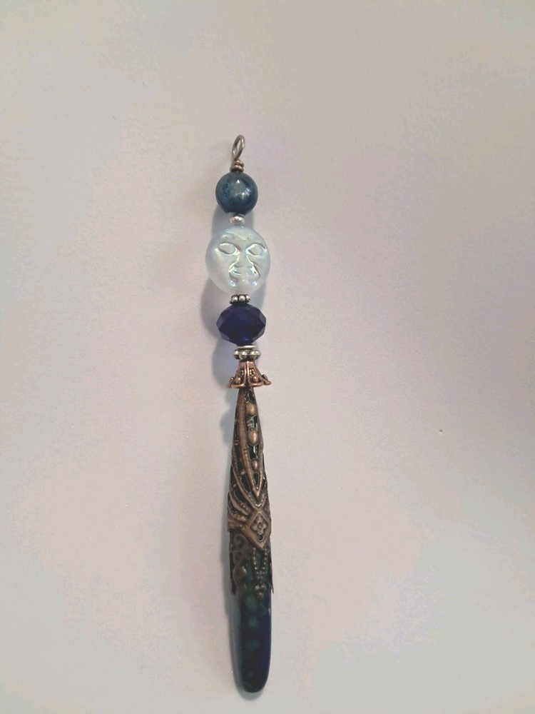 KYANITE & Faceted Blue Glass Moon Face Bead PENDANT Ornament Sea Sediment Jasper