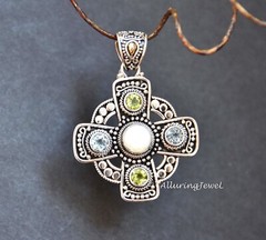 BA SUARTI 18K STERLING silver 925 CROSS pendant BALI MOP blue TOPAZ PERIDOT dot