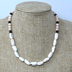 Handmade Beaded Necklace Pale Blush Pink Glass and Conch Shell Bronze Tone Metal