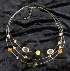 3 Strands of Glass, Stone and Plastic Beads Necklace. Brass Tone Wire 19″