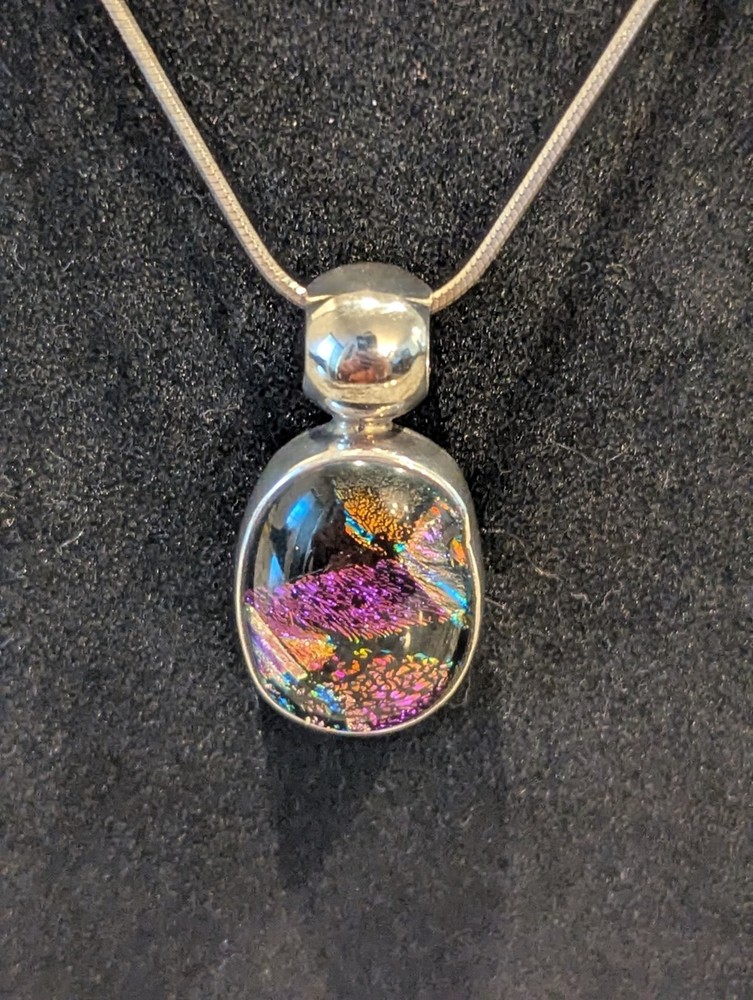 925 Sterling Silver Taxco Multicolor Dichroic Glass Pendant & 18″ Snake Chain