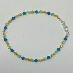 Handmade Anklet Blue Green Yellow Faceted Round Glass Beads Silver Tone 9″ Long