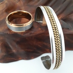 Mexico Sterling Silver 925 Two Tone TT-06 Rope Cuff Bracelet & Tungsten Ring Usx
