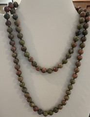 Vtg Unakite JASPER BOHO Hand knotted Beaded 31” Green Pink Southwest N77