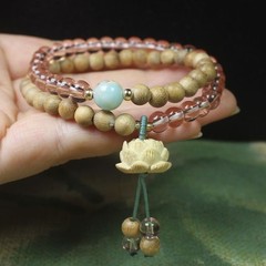 Natural Sandalwood 6mm Double-Circle Bracelet with Lotus Pendant for Women