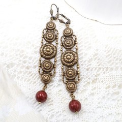 Art Deco Dangle Earrings: Antique Brass, Red Pearl, Large Statement Jewelry