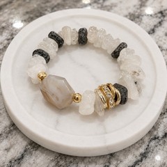 White Quartz Chip & Gray Agate Beaded Stretch Bracelet Gold Spacers Stackable
