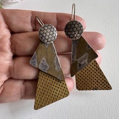 Vintage Artisan Sterling Silver & Brass Mix Metal Dangle Earrings Geometric
