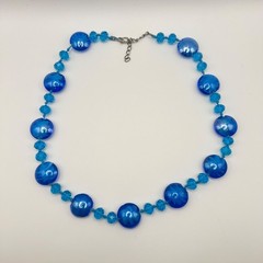 Artisan Blue Glass Bead Necklace Hand Knotted 20.5+2″ Silver Tone Ocean Coastal