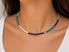 Blue Green White Beaded Necklace Minimalist Seed Bead Choker Dainty Handmade