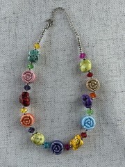 Artisan Multicolor Ceramic Rose Stone Glass Bead Statement Necklace 21″