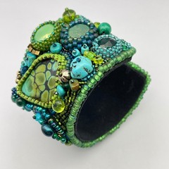 LARGE Beaded Turquoise Boho Cuff Bracelet Adjustable Statement Chunky Bracelet