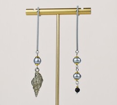 Auger seashell drop earrings, accent gray pearl mismatched earrings