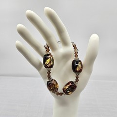 Murano Style Art Glass Bracelet Black Brown Gold Sparkle Accents Beads