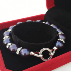 19cm Black Pearl Bracelet Crystal Zircon Spacers Silver-Tone Clasp Red Gift Box