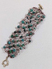 Artisan Copper Tone Green Stone Chip Wire Open Work Wide Bracelet 7 in