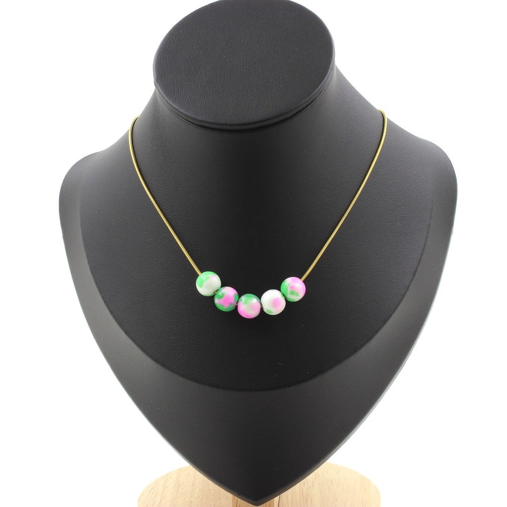 Necklace 5 Beads Jasper Pink Green 0 5/16in Chain Steel Golden Stainless