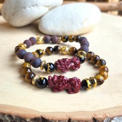 Pixiu Bracelet Tiger Eye Gemstone, Cinnabar Dragon, Wealth Attraction, Feng Shui