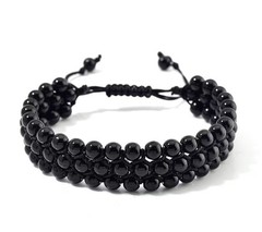 Black Obsidian Beaded 140 ctw Three- Row Adjustable Pull String Bracelet (6-9In)