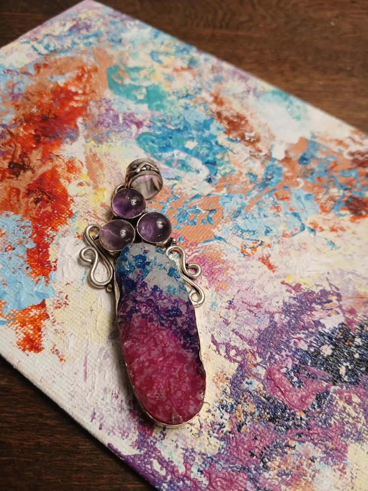Vibrant Unicorn Druzy Pendant Rainbow Quartz Agate With Chain