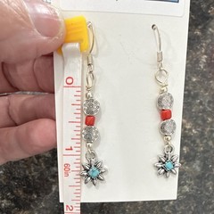 JS Designs Handcrafted Silver Plated Dangle Earrings Turquoise Flower Red Beads