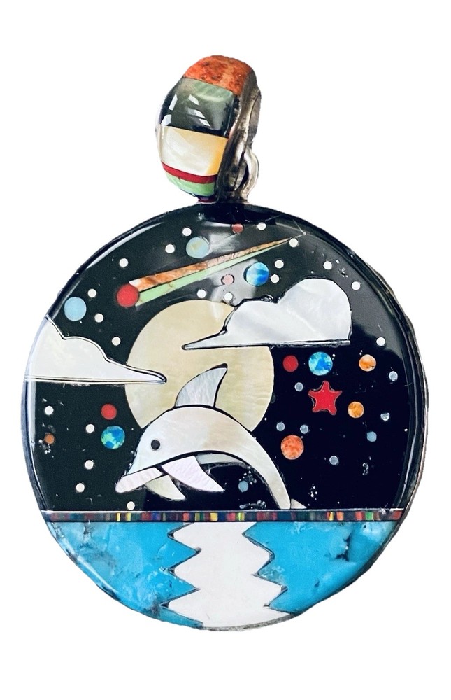Silver Night Sky Micro-Inlay Ocean Dolphin Pendant