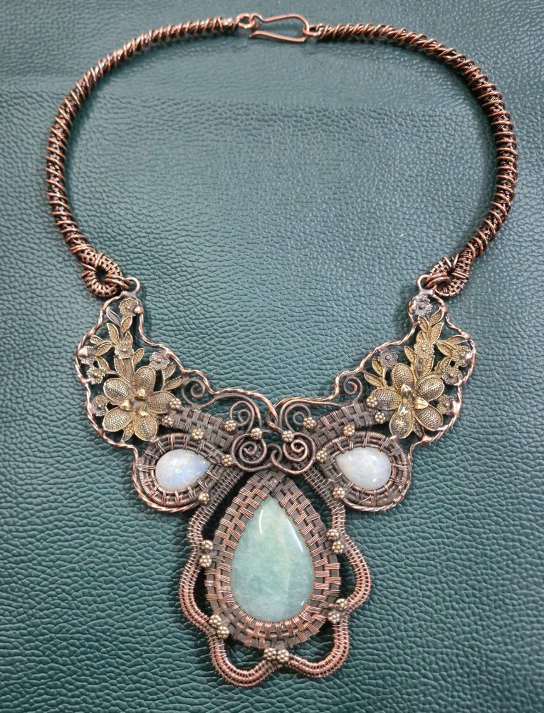Natural Amazonite & Moonstone Wire Wrap Necklace Artisan Copper Jewelry For Her