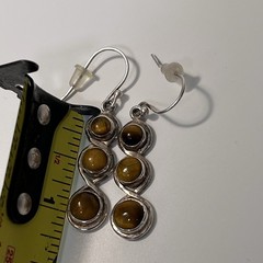 Vintage Sterling Silver TIGER’S EYE 3-Stone Dangle Earrings 1.125”