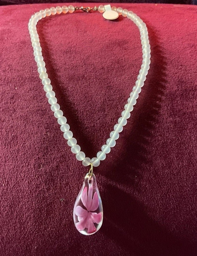 Hand Blown Glass Flower Pendant With Vintage Glass Beads Handmade