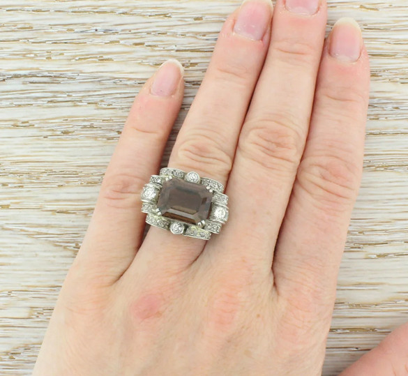 Perfect Emerald Cut 8.30 Carat Greenish Brown Sapphire & White CZ Vintage Ring