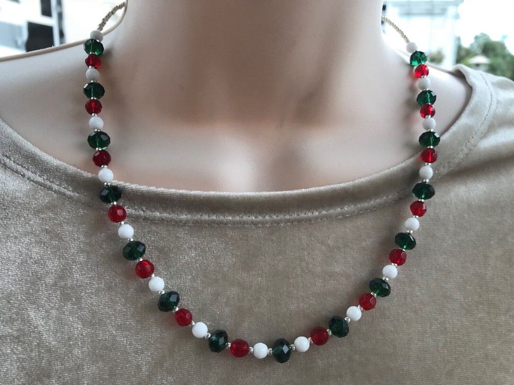 Handmade Christmas Short Necklace of Green Red and White Glass Beads Silver Tone