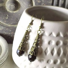 Antique Bronze Filigree Faceted Jet Black Crystal Teardrop Earrings