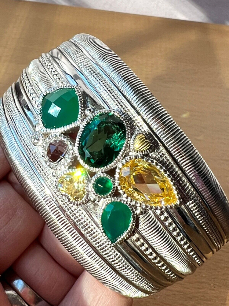 JUDITH RIPKA WIDE CUFF BRACELET STERLING &18K GREEN QUARTZ CANARY CZ CHALCEDONY