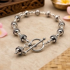 925 Sterling Silver Bali Bead Link Bracelet Southwestern Artisan Boho Toggle 7in