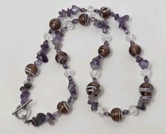 Purple Venetian Murano Glass, Clear Crystal, Amethyst Chip Beaded Necklace 20″