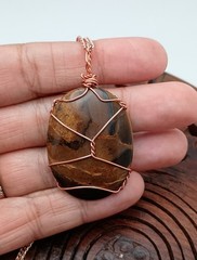 Copper Wire Wrap Tigers Eye Pendant. Handmade, Oval 2.25″